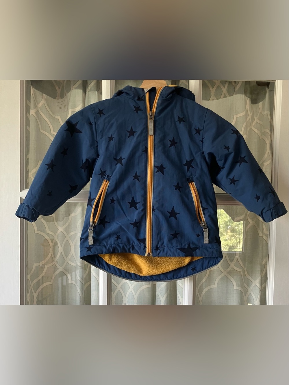 Hanna Andersson size 3T 90 cm blue warm jacket w/ stars & fuzzy mustard inside